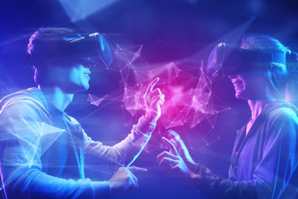 couple avec des casques de réalité virtuelle, faisant une rencontre amoureuse dans le métavers