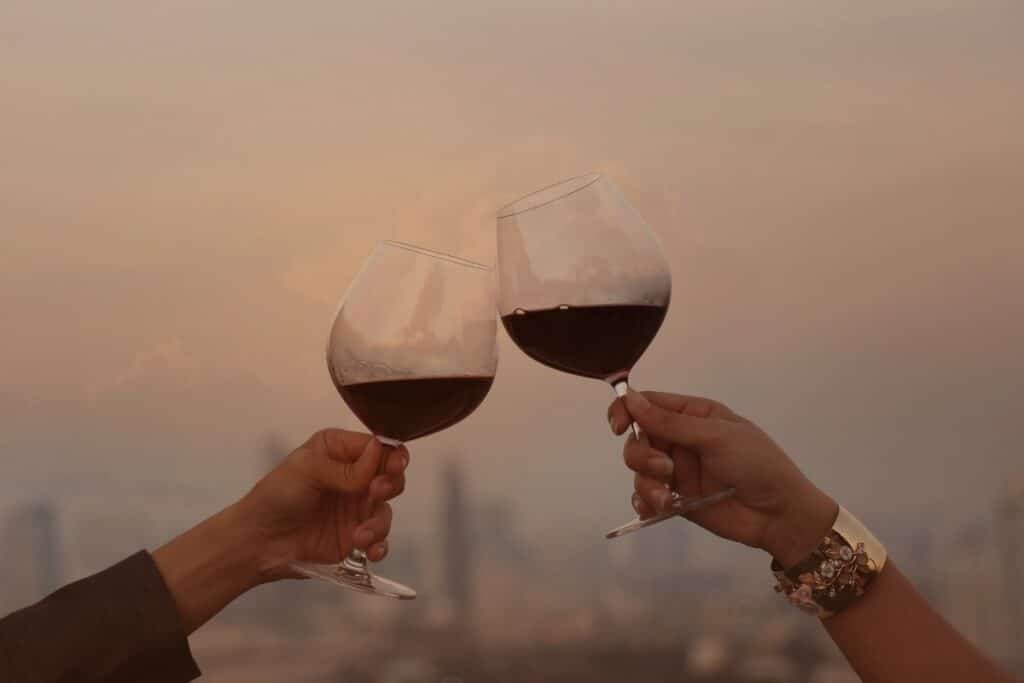 deux verres de vin s'entrechoquant sur l'un des meilleurs rooftops de Bordeaux