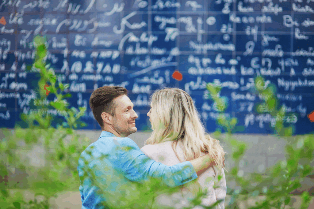 couple devant le mur des je t'aime