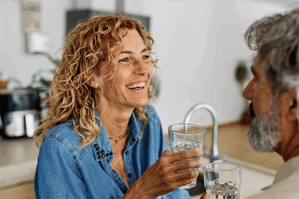 Couple de seniors heureux et et flirtant dans une cuisine