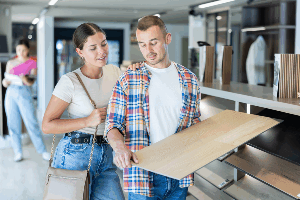 Couple de jeunes choisissant un échantillon de sols stratifiés