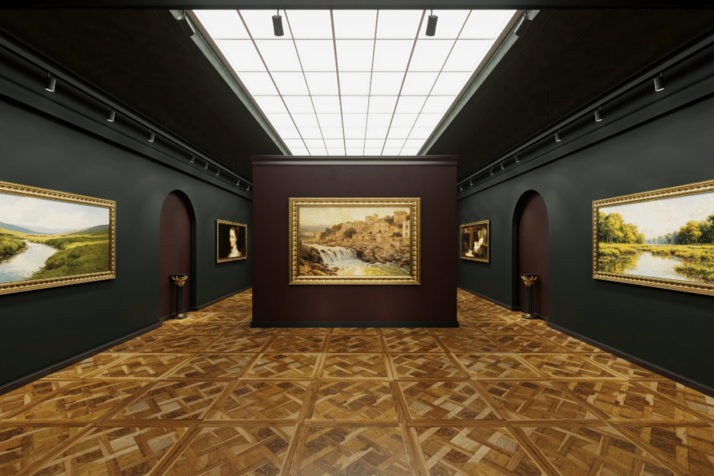 Oeuvres d'art dans une galerie lumineuse et spacieuse